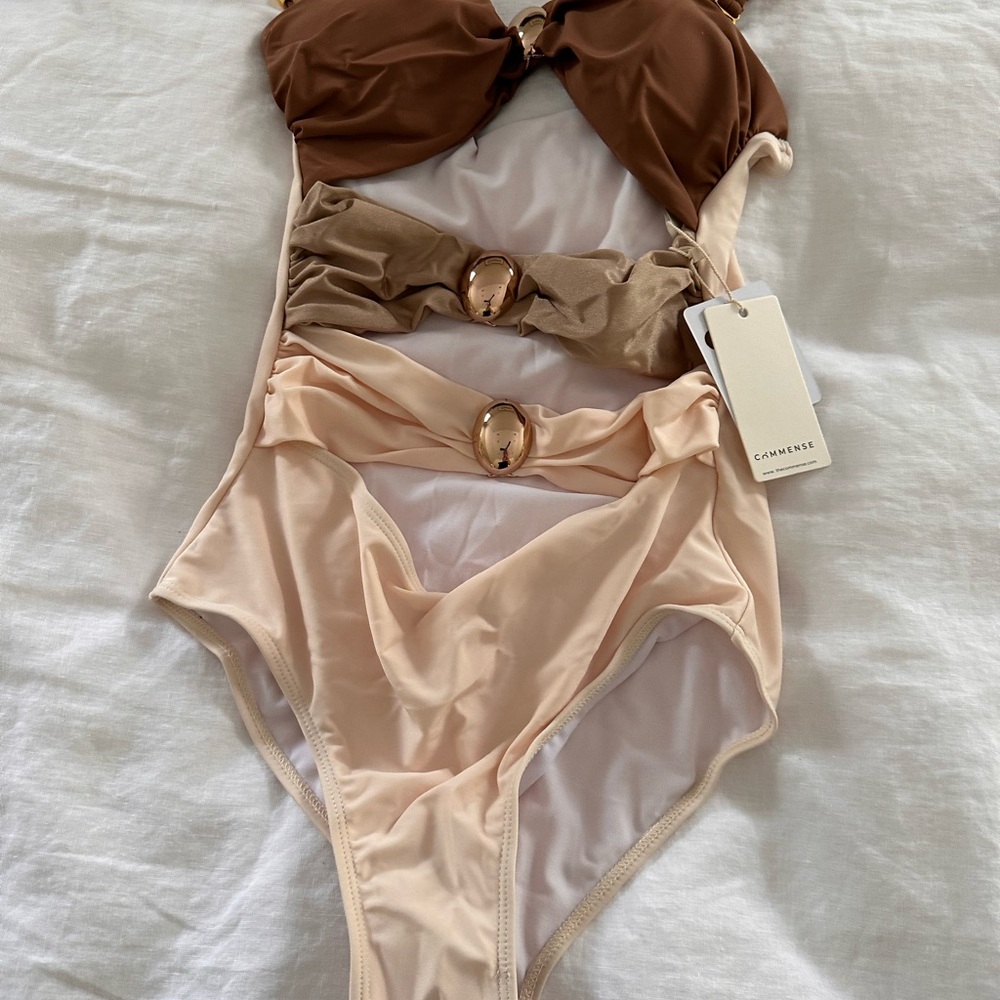 Brown and Tan Women's one piece swimsuit